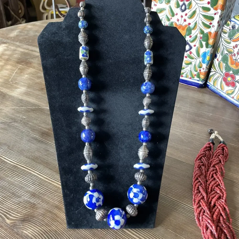 Vintage Hand Painted Chinese Porcelain Bead And Silver Beads Necklace